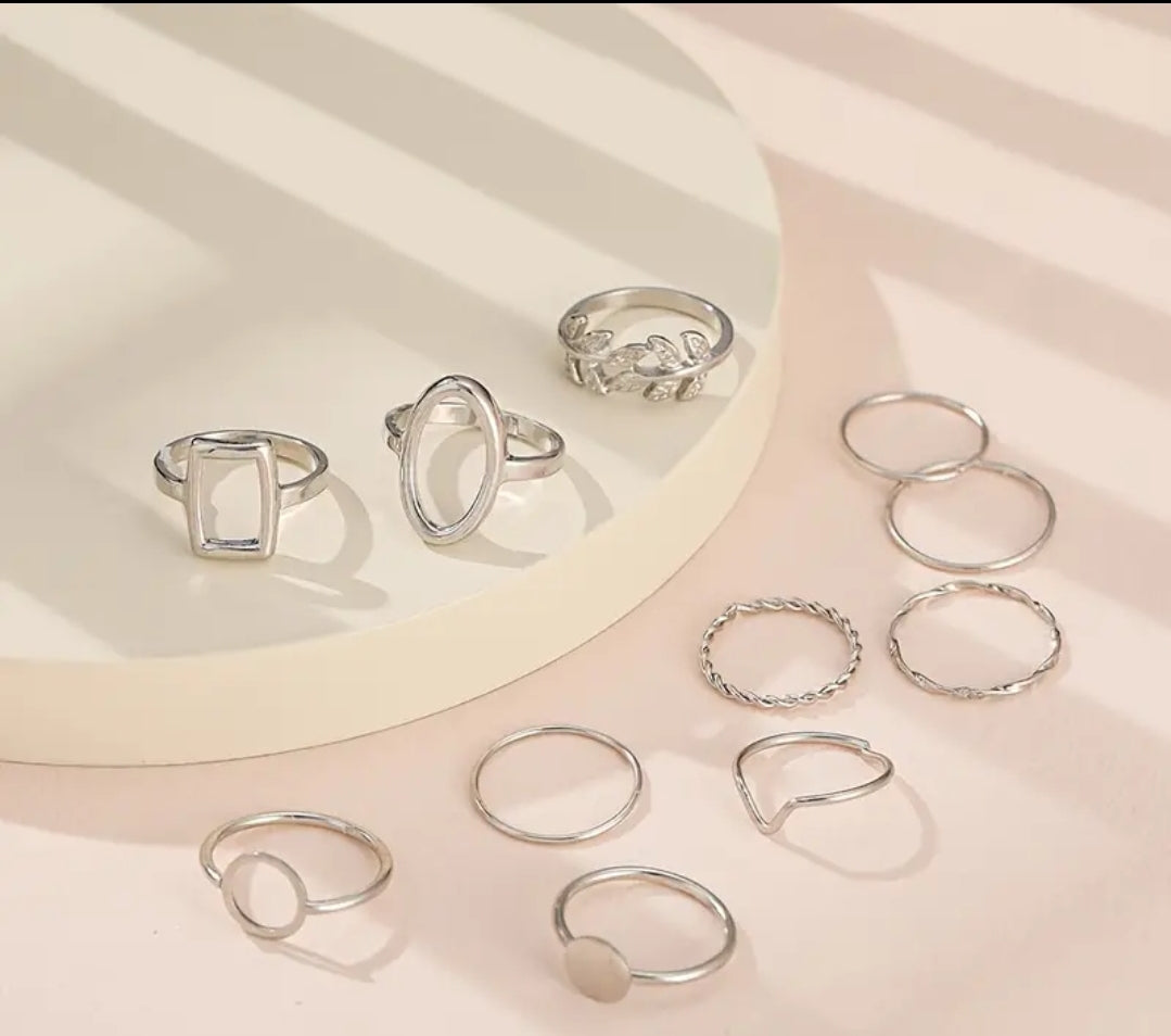 Geometrical silver-tone stackable rings