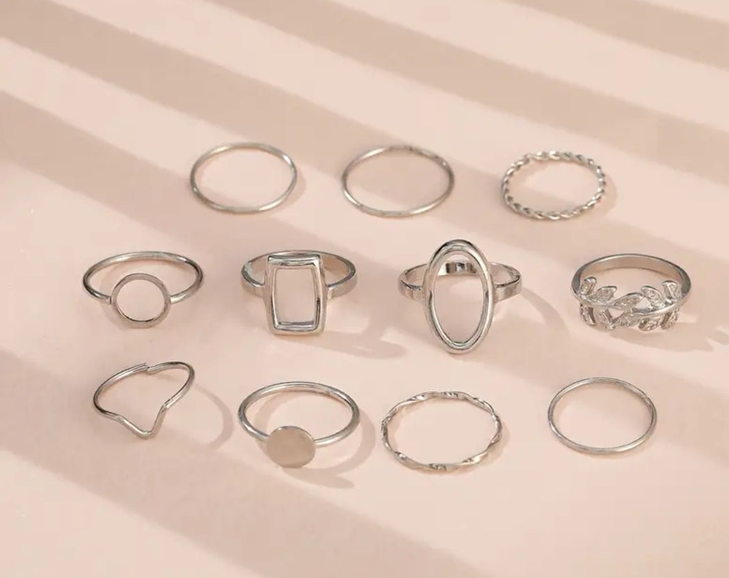 Geometrical silver-tone stackable rings